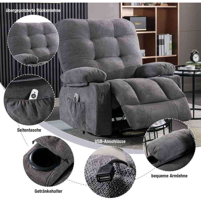 Крісло Bosmiller з функцією відкидання, масажне крісло, велике крісло для телевізора, поворотне на 360, підігрів, регульоване, тканинне крісло, сірий колір
