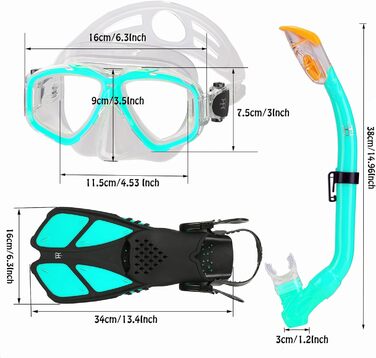Дитячий комплект для підводного плавання з ластами, панорамна маска для дайвінгу з широким оглядом 180, регульовані ласти, високоякісна маска для підводного плавання та трубка сухого типу, колір аквамариновий