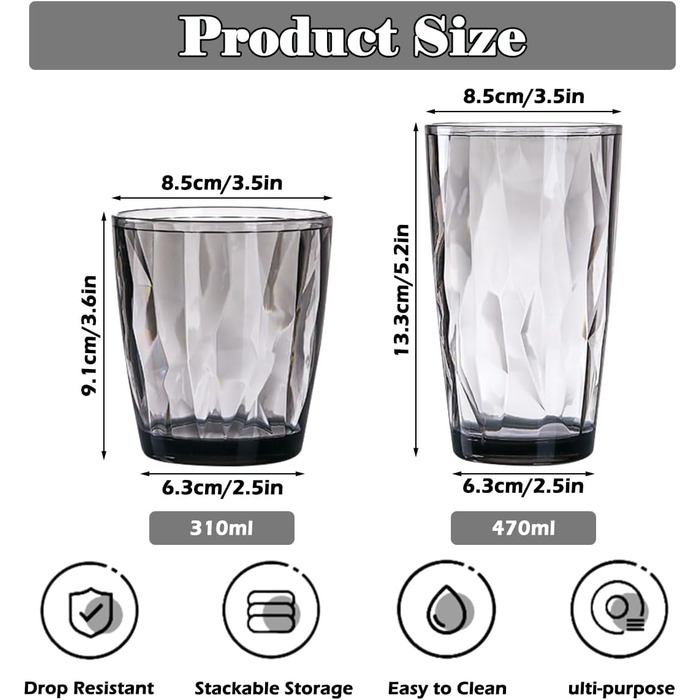 Набір склянок для води TIE-DailyNec 8 PCS, різнокольорові пластикові стакани для пиття 470 мл та 310 мл, небиткий стакан для пиття
