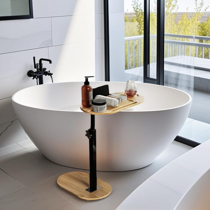 С-подібний журнальний столик, регульована висота (42-82 см), бамбуковий журнальний столик, що обертається на 360, дерево та метал, невеликий журнальний столик, журнальний столик для вітальні, ванної кімнати, ліжка, дивана (бамбук)