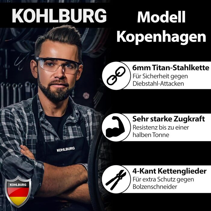 Велосипедний ланцюговий замок KOHLBURG 103 см завдовжки, 6 мм завтовшки ланцюг із титанової сталі - замок для велосипеда з ключем, що замикається 3x, також як замок для електронного скутера та замок для електронного велосипеда - замок для велосипеда висок