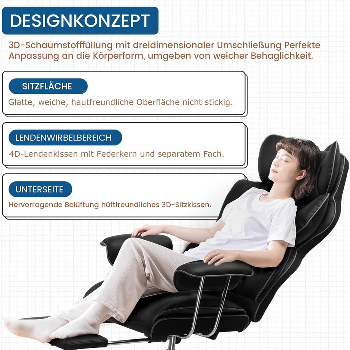 Ігрове крісло GTPLAYER, ергономічне офісне крісло з підставкою для ніг, тканинна оббивка, пружинна подушка сидіння, м&39яке ігрове крісло, ігрове крісло вантажопідйомністю 150 кг, чорна штучна шкіра