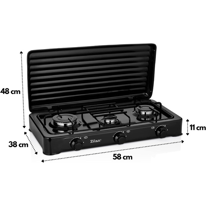 Газова плита Zilan 3 конфорки 30/50 мбар підходить Кемпінгова піч Варильна поверхня Газова плита Газова варильна поверхня Газ пропан Знімна кришка 3 Фламміг Кабуретка