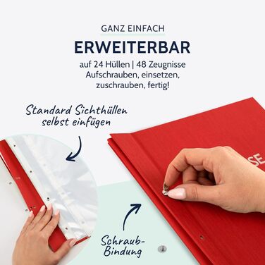 Папка для сертифікатів пастельна папка для документів DIN A4, папка для документів з кришкою, що загвинчується, і 12 прозорими кишенями, папка з лляної структури з 12 рукавами, приблизно 24 x 31,5 x 2 см (червоний), 36113
