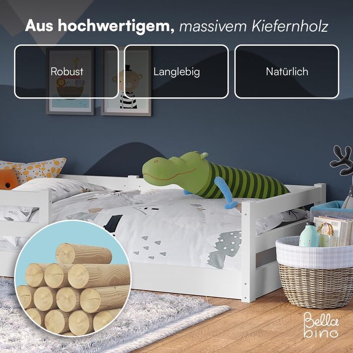 Ліжко Bellabino Iskri на підлозі 90x200 см Дитяче ліжко Монтессорі із захистом від падіння та рейковою основою Дерев&39яне ліжко для хлопчиків та дівчаток з масиву сосни білого кольору Ліжко для малюків білого кольору 90x200 см без матраца