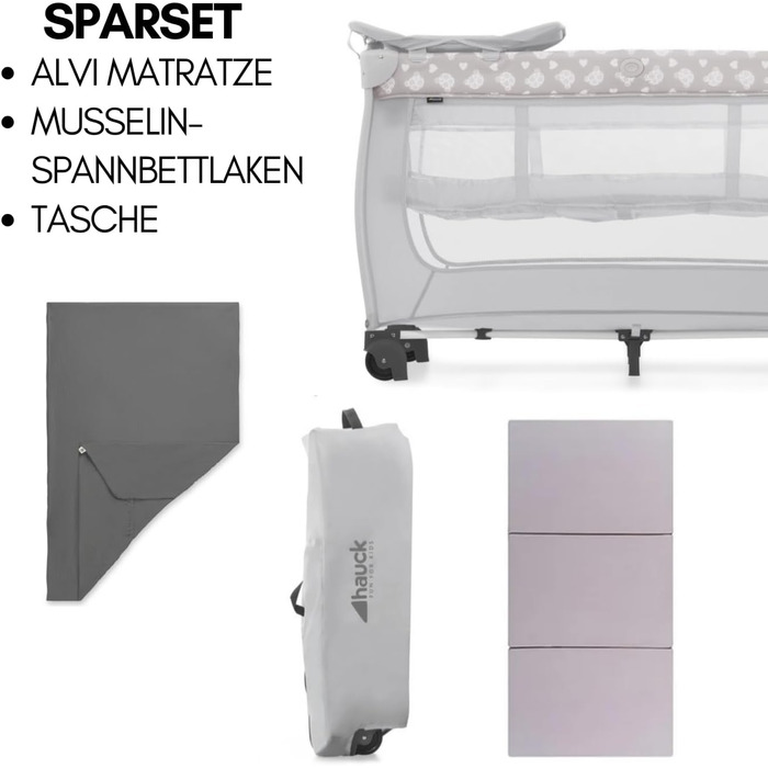 Дитяче ліжечко-дорожнє ліжечко hauck Sleep N Play Center з вкладишем для новонароджених, пеленальний килимок, матрац та простирадло на ремені Дитяче ліжечко-дорожнє, маленьке, складне, від народження до 15 кг - колір Teddy Grey