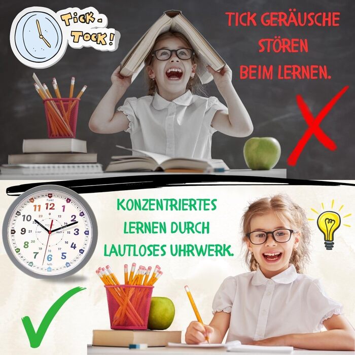 Настінний годинник Bada Bing Montessori для дітей - навчальний годинник без звуків цокання - аналоговий дитячий годинник для вивче