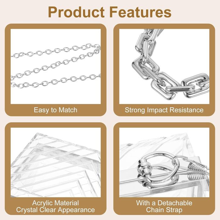 Прозора сумка-клатч QUARKZMAN для жінок, акрилова гаманцівка у формі V з відстібною металевою ланцюжком для подорожей та офісу, прозора/срібляста