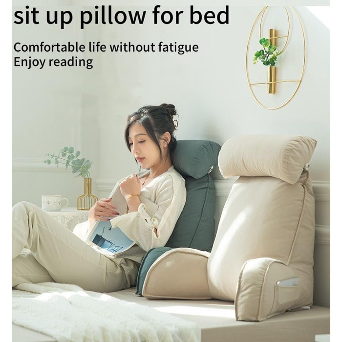 Подушка для читання зі знімним підголівником та бічною кишенею - подушка для крісла-ліжка з підлокітниками для підтримки попереку/шиї, ергономічна подушка для сидіння в ліжку, дивані, офісі (754050 см) (зелена)