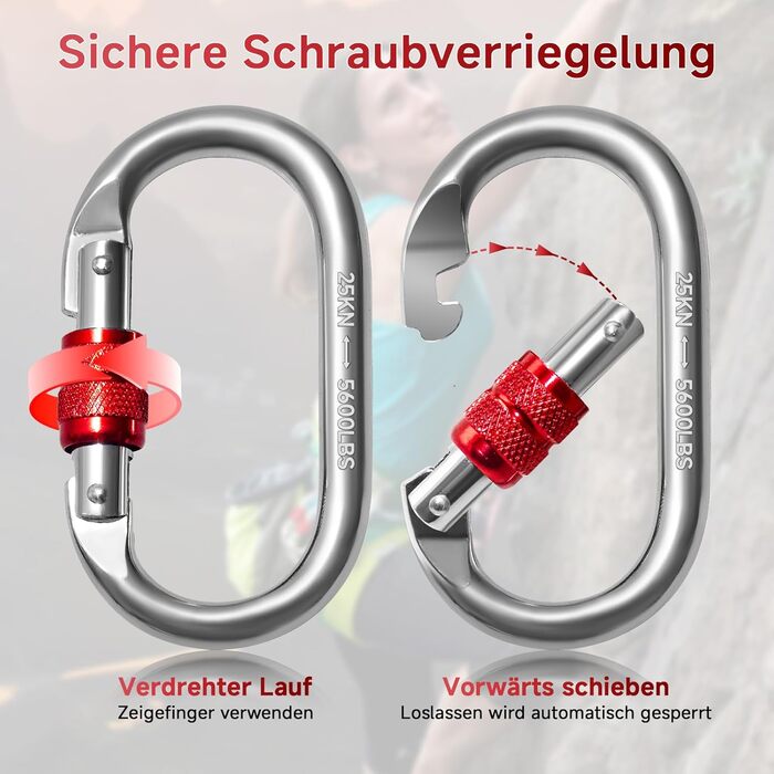 Карабіни-гачки 25KN, O-подібні надміцні запобіжні карабіни, нержавіюча сталь, вантажопідйомність 2500 кг, карабін для скелелазіння, йоги, гамака, кемпінгу, гойдалки, 25KN, 3 шт., срібний червоний