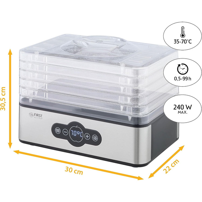 Дегідратор TZS First Austria Дегідратор для фруктів, трав, грибів і м'яса цифровий з таймером і регулятором температури 35-70C 5 полиць, полиці з нержавіючої сталі, дегідратор з таймером Полиці з нержавіючої сталі 5 поверхів