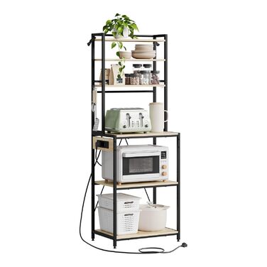Кухонна полиця WOLTU на 6 рівнів з розетками, полиця для мікрохвильової печі з 6 гачками, полиця для пекаря з металевим каркасом, регульована полиця, чорнийсвітлий дуб, 60 x 167 x 40 см чорнийсвітлий дуб 60 x 39,5 x 167 см