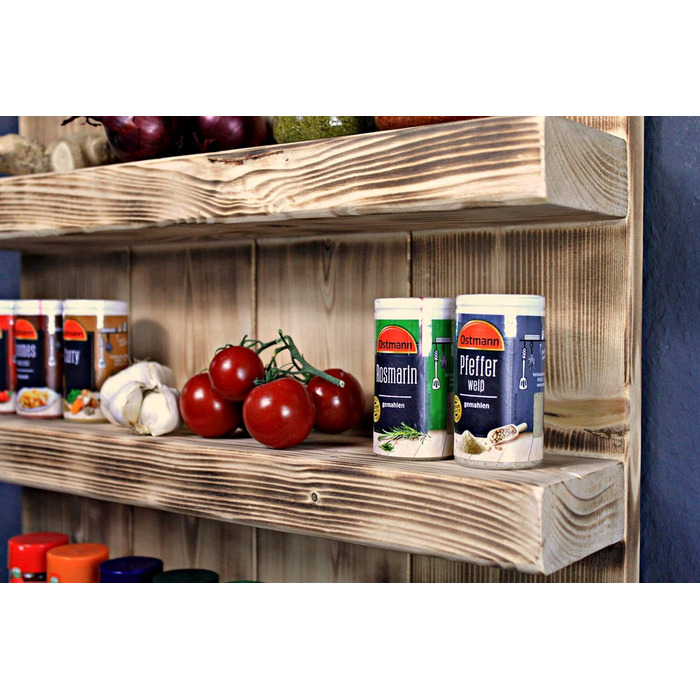 Декоративна дерев&39яна підставка для спецій - для настінного монтажу або окремого використання - полум&39яне покриття - 4 полиці - 57 x 50 x 12 см - масив дерева, коричневий (полум&39яне)