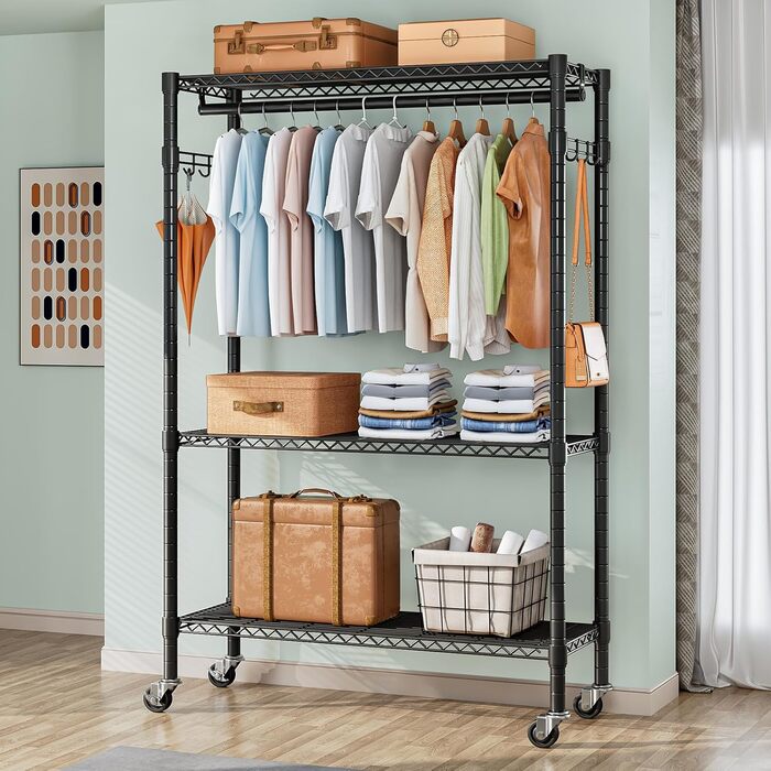 Вішалка для одягу на колесах, штанга для одягу, міцна металева вішалка для одягу, шафа з 3 шт. ангами для одягу та полицею, гачки (чорна, 45 Г x 120 Ш x 205 В) 45 Г x 120 Ш x 205 В Чорний