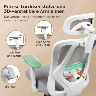 Ергономічне офісне крісло DEVAISE Робоче крісло з функцією гойдання, регульованим підголівником та поперековою опорою, 3D-підлокітниками, 3-рівневим нахилом, дихаючою сітчастою тканиною для домашнього офісу та офісу, білий колір