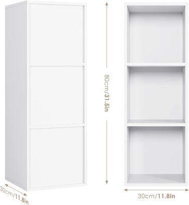 Книжкова полиця з 3 відділеннями, книжкова шафа, окремостояча полиця, офісна полиця для вітальні/кабінету, 30 x 30 x 80 см, біла