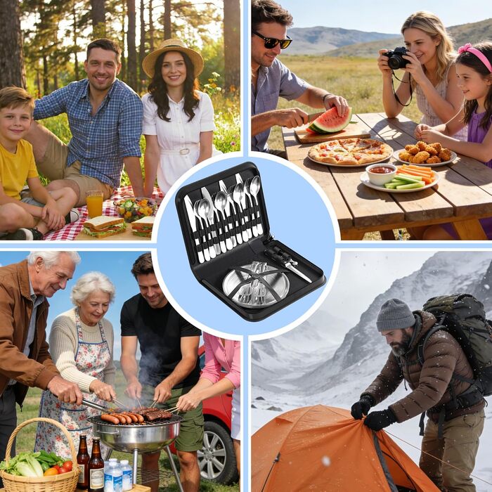 Набір посуду для кемпінгу на 4 особи, столові прибори з нержавіючої сталі (виделки, ножі та ложки), з чохлом для зберігання, портативний набір для пікніків, барбекю та відпочинку на природі