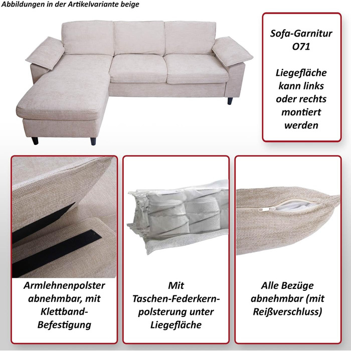 Комплект диванів Mendler HWC-O71, кутовий диван, L-подібний, зона відпочинку ліва/права, тканина/текстиль, дерево, 84x229x140 см - темно-сірий