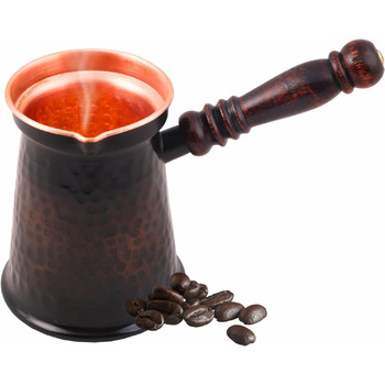 Антикварна мідна кавоварка, турецька, грецька, арабська, товста, з дерев'яною ручкою, велика Велика