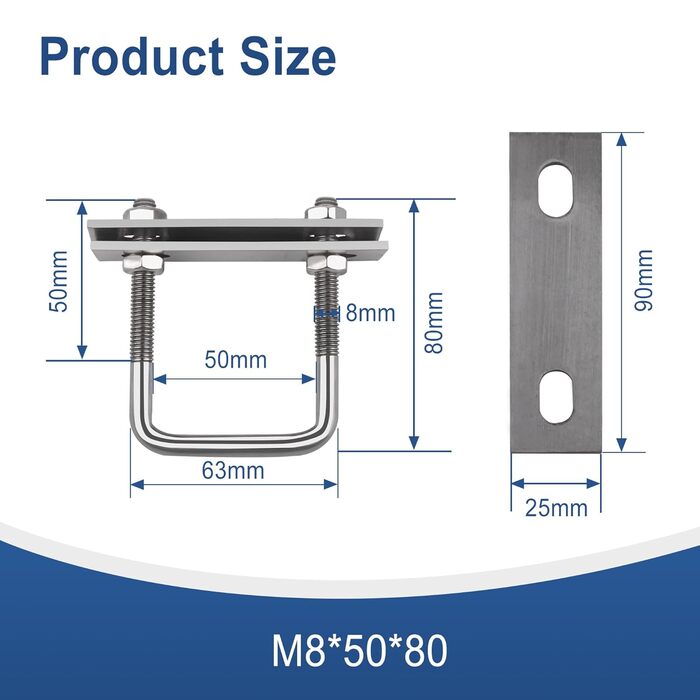 Гвинт M8, U-подібний різьбовий кронштейн, квадратні болти, U-болтові затискачі, U-болти для саду, автофургонів, DIY, сонячної установки та кріплення (4 шт., M8x50x80 мм)