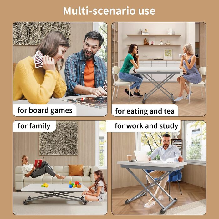 Журнальний столик VOWNER з регульованою висотою, розсувний обідній стіл 3-в-1, що економить місце, для їдальні, поворотний, трансформується у вітальню, обідній стіл, вітальню та багато іншого (білий з деревним малюнком)