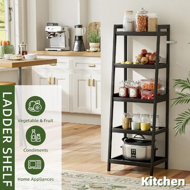 Книжкова полиця, 5-ярусна книжкова полиця-драбина з бамбуковим каркасом, окремостояча висока, вузька полиця для рослин для вітальні, кухні, спальні, балкону, чорна