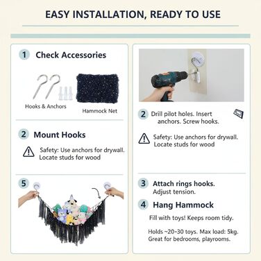 Гамак-іграшка з 2 м&39якими іграшками зі світлодіодними лампами, сітка для зберігання в дитячій кімнаті для організації плюшевих іграшок, декоративна підвісна сітка для декору спальні (чорний) Schwarz