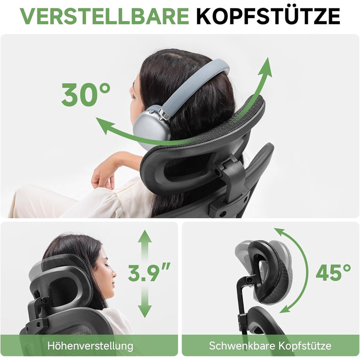 Ергономічне офісне крісло GTPLAYER, стілець для роботи з регульованим підголівником, підлокітниками, поперековою опорою, офісне та ігрове крісло з функцією гойдання, крісло керівника з сітки, 150 кг (чорне)