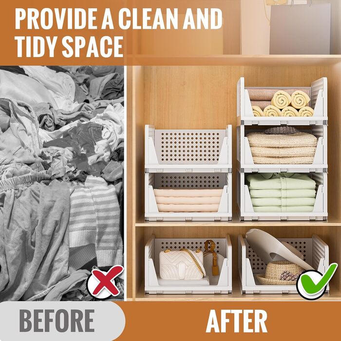 Органайзер для гардеробу, штабелюваний органайзер для одягу на 4 предмети, висувна складна система зберігання одягу для гардеробу, спальні, кухні та іграшок, білий, 4 шт., великий