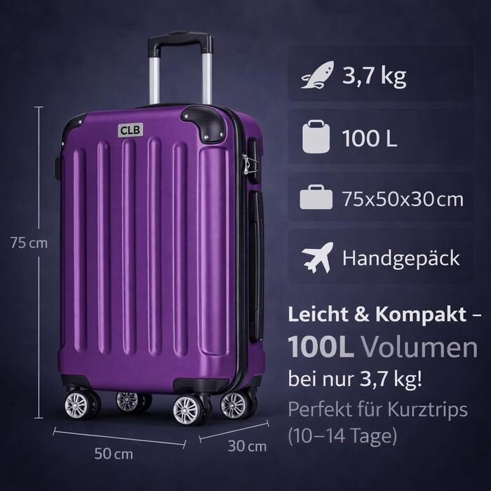 Велика валіза POSH з ABS-пластику - внутрішній об&39єм 100 л - легка валіза з твердою оболонкою 3,7 кг, 75x50x30 см - дорожня валіза з кодовим замком - колеса, що плавно обертаються на 360 - для поїздок на 10-14 днів, фіолетовий XL - великий