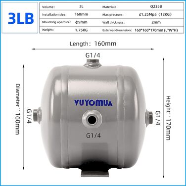 Міні-невеликий портативний повітряний резервуар високого тиску з вуглецевої сталі Резервуар для зберігання повітря (3LB-CG)