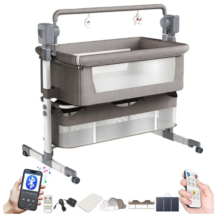 Дитяче ліжечко Magic ZC Electric Bluetooth з колесами, розкладне, що трансформується, для спільного сну, пульт дистанційного керування, 5 гойдалок, колиска-колиска з музикою (601 світло-сірий)