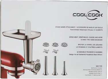 Насадка для м'ясорубки Coolcook для міксера KitchenAid, включаючи 3 ріжки для начинки для ковбаси, 2 шліфувальні леза, 4 шліфувальних диска, м'ясорубку для KitchenAid, легко збирається, зі щіткою для чищення