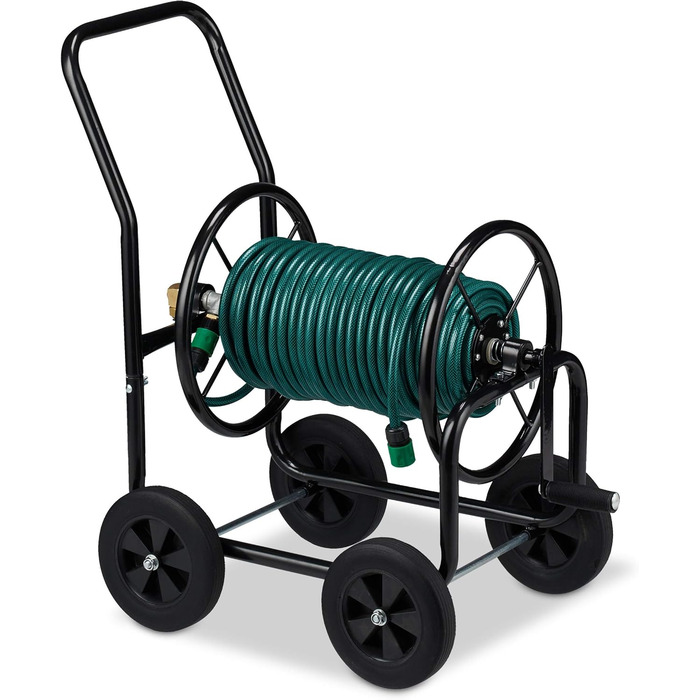 Шлангбарабан Relaxdays металевий, 4 колеса, XL, з ручкою, для 60м шланга, HBT 81 x 48 x 80 см, чорний