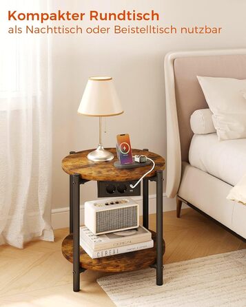 Круглий бічний столик IRONCK, журнальний столик з розеткою, невеликий дерев&39яний столик, стіл для вітальні з 2 полицями, столик-диван, порт USB та Type-C, металевий каркас, тумбочка для спальні (вінтажний коричневий, )