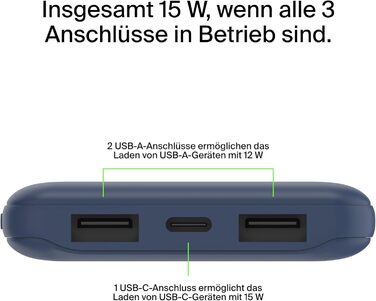 МАг, 1 порт USB-C і 2 порти USB-A для зарядки iPhone, AirPods, iPad, Android або інших пристроїв потужністю до 15 Вт) - синій, 10 000