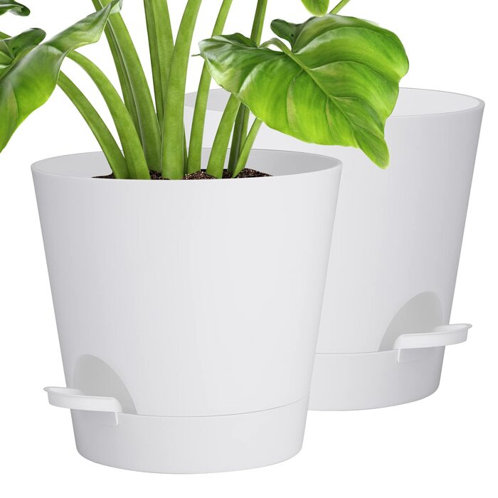 Квітковий горщик 20,3 см, пластиковий квітковий горщик із системою поливу, 2 горщики для рослин, сучасний для кімнатних та балконних садових рослин, сукулентів, кактусів (білий) Білий 20,3 см