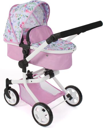 Лялькова коляска Mika, комбінована лялькова коляска 2в1 для дітей від 4 до 8 років, коляска для ляльок до 52 см, Квіти, рожева, 20