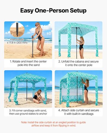 Пляжний навіс VEVOR 183 x 183 см з бічною стінкою, захист від сонця UPF 50, пляжний павільйон з мішками з піском, портативна парасолька від сонця для всієї родини та друзів, світло-зелений візерунок 6*6