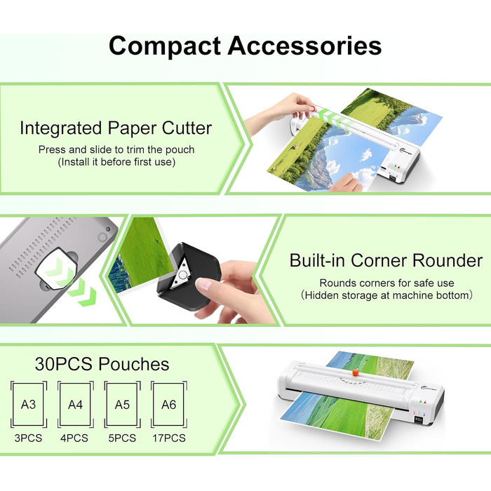 Ламінатор A3, 9-в-1 ламінатор з 30 аркушами для ламінування A3/A4/A5/A6, комплект для гарячого та холодного ламінування з вбудованим різаком для паперу та закруглювачем кутів для використання вдома, в школі, офісі та ресторані