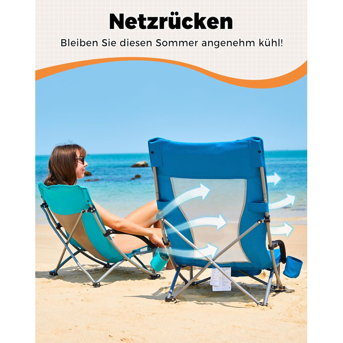 Низький складний пляжний стілець KingCamp, легкий, витримує до 180 кг, складний пляжний стілець із сітчастою спинкою, тримачем для напоїв та сітчастою кишенею, легкий складний кемпінговий стілець, складний стілець для пляжного кемпінгу Hr 2 шт., синє сітч