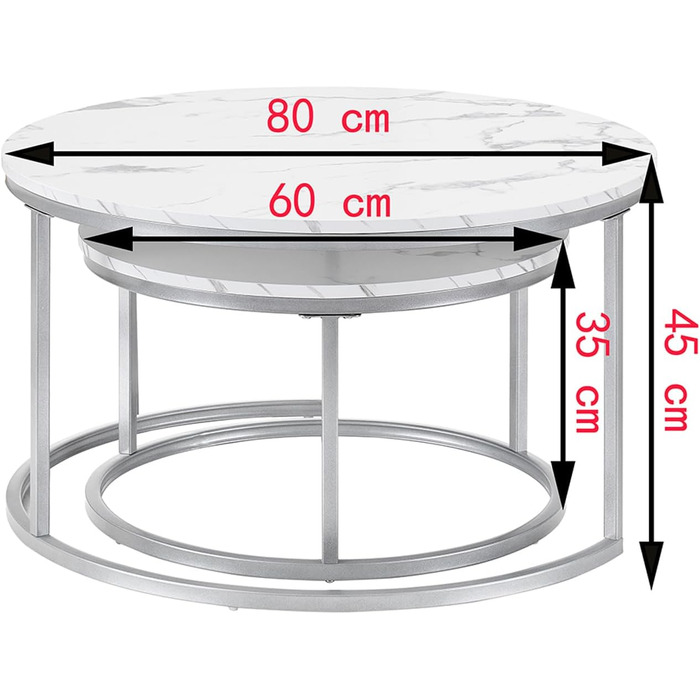Круглий журнальний столик з мармуру Hitsuki, білий столик для вітальні, комплект із 2 круглих журнальних столиків, срібний бічний столик з металевим каркасом, столик для вітальні, білий мармур та срібний журнальний столик