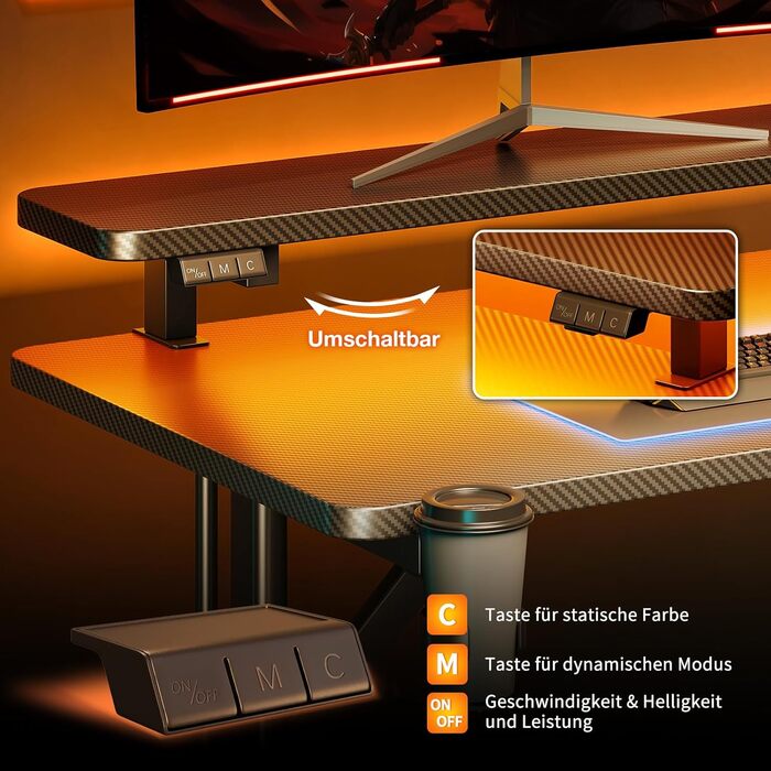 Ігровий стіл ODK, Невеликий ігровий стіл зі світлодіодним освітленням, Комп&39ютерний стіл 80 см з полицею для монітора, Чорний стіл для ПК з вуглецевого волокна 80 см