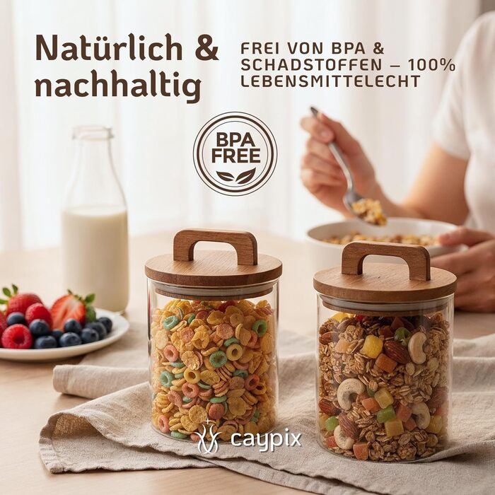 Банки для зберігання з дерев&39яними кришками 4 x 800 мл Герметичні скляні контейнери для зберігання Банки для зберігання з дерев&39яними кришками та практичними ручками Банки для зберігання з кришками Скляні контейнери для харчових продуктів