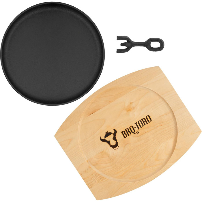 Чавунна сервірувальна сковорода BBQ-Toro з дерев'яною основою (6 шт. ) Ø 22 см - кругла вже запечена - попередньо приправлена сков