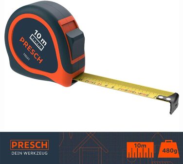 Рулетка Presch 10м - Міцна професійна рулетка, заклепана з затискачем для ременя та системою втягування - рулонний метр 10 м з гальмом 10 м