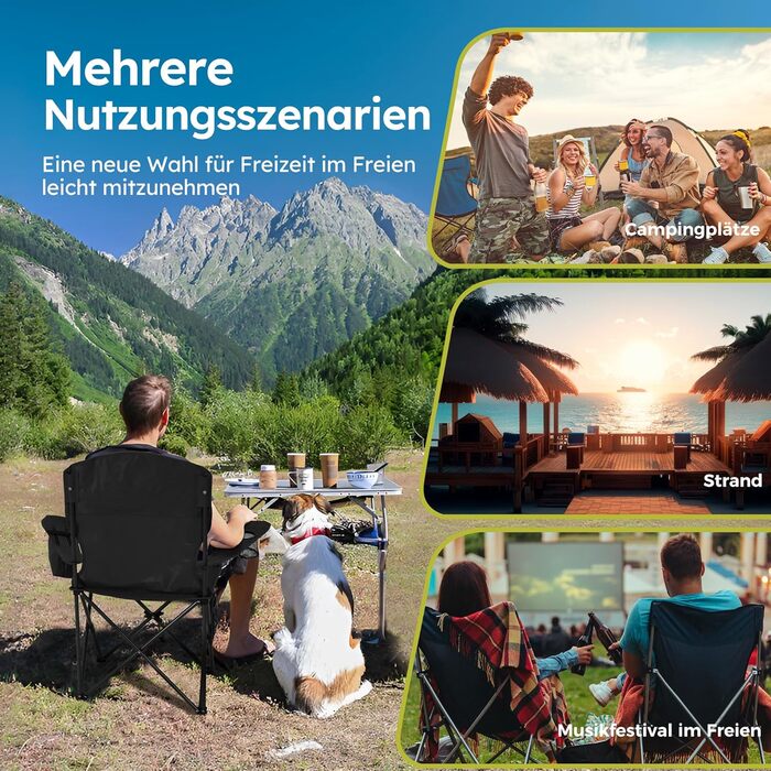 Комплект із 2 предметів Складаний стілець Кемпінговий стілець Зручний рибальський стілець з тримачем для напоїв та відділенням для охолодження, вантажопідйомність до 120 кг, Складаний рибальський стілець Садовий стілець Крісло-відкидне крісло Чорний