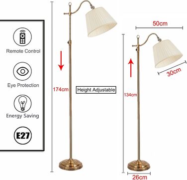 12W LED Floor Lamp Regulable with Remote Control, White Fabric Lamp Lamp, Retro Metal Copper Floor Lamp for Bedroom Office Office Hotel, E27 Socket Max 60W, 12W LED Floor Lamp Regulable with Remote Control, White Fabric Lamp Lamp, Retro Metal Copper Floor
