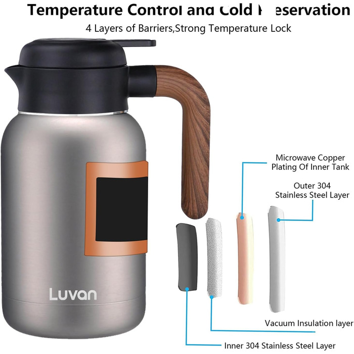 Кавник Luvan 2L з нержавіючої сталі 316 з подвійними стінками та вакуумною ізоляцією, термос для кави, кавовий поршень для термоса, ізольований горщик для соку/молока/чаю (сріблястий)
