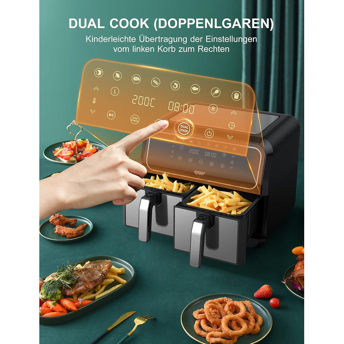 Двозонна фритюрниця Innsky двокамерна 8 л, 8 програм подвійна фритюрниця, фритюрниця з 2 кошиками, фритюрниця гаряче повітря без олії, подвійне приготування, синхронізація готової технології, режим струшування X-Large
